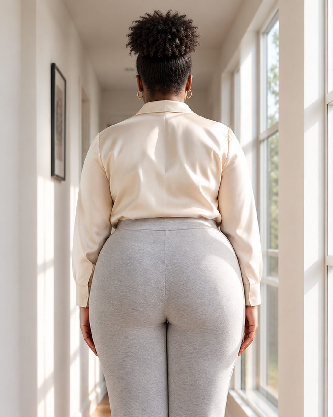 La misma modelo virtual con el mismo pantalón y SILUETA: el pantalón cae liso