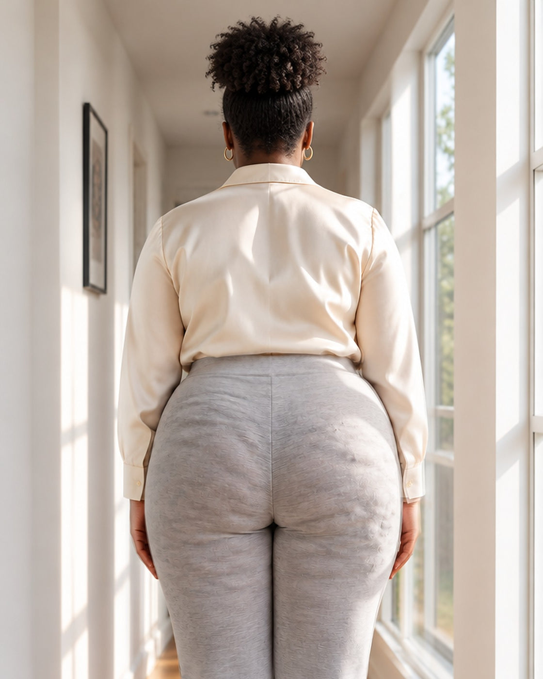 Modelo virtual de espaldas con pantalón gris fino y una braga normal: se marca la piel de naranja
